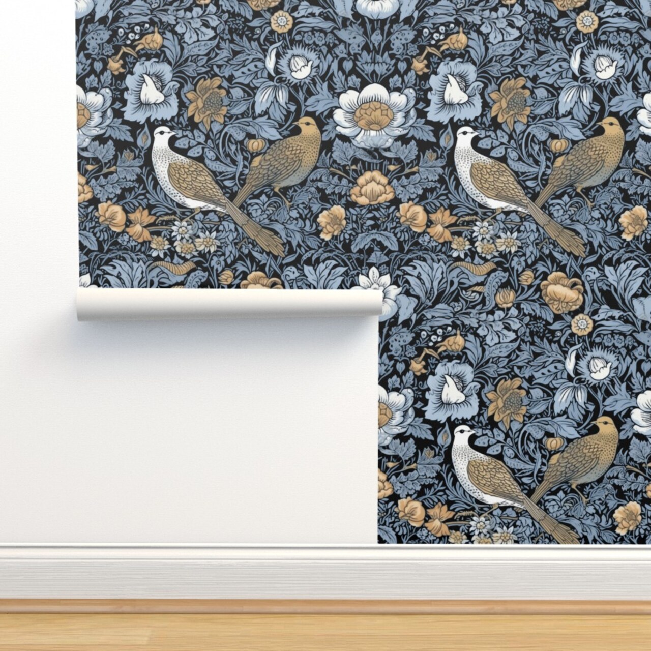 Blue Victorian Damask Art Nouveau Love Birds Floral Botanical Large Scale Baroque Nature Doves Custom Removable Wallpaper by Spoonflower Peel & Stick Wallpaper 2FT Wide